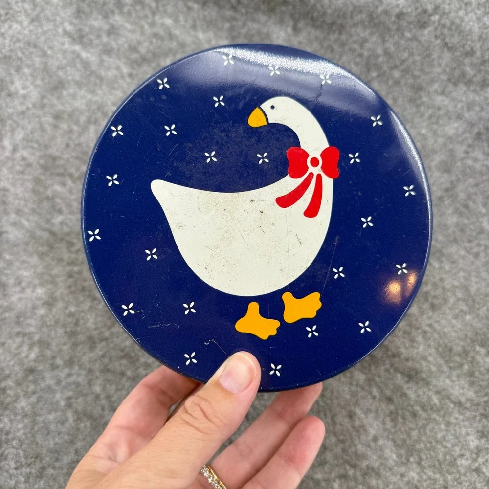Vintage Goose Duck Cookie Tin Round Blue White Farmhouse Decor 6.5in Trend 80 90